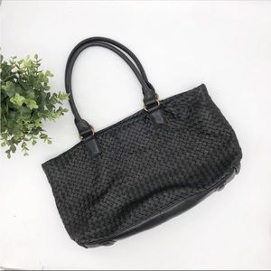Sondra Roberts Black Leather Woven Tote Bag